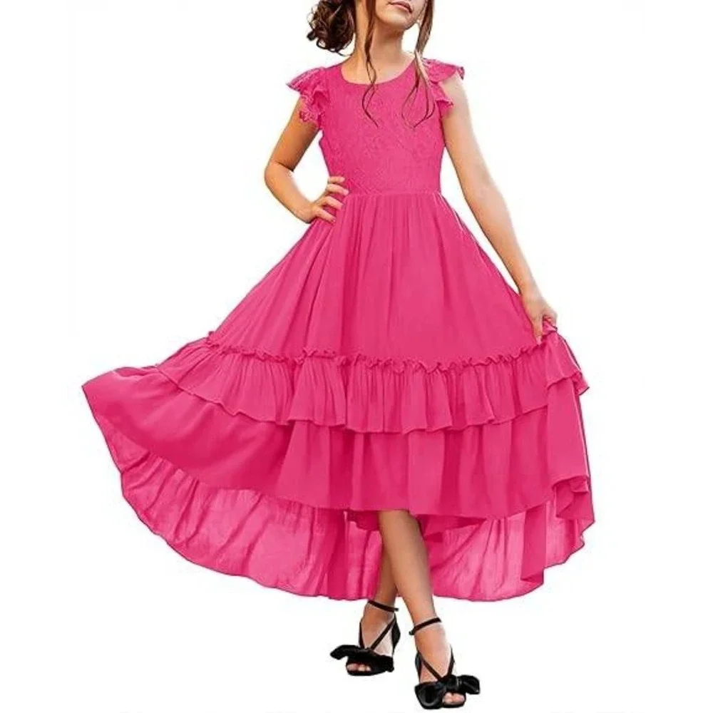 MSRP $46 HOSIKA Girls Rose Red 10-11Y Lace Boho Flower‎ Girl Dress Ruffle Sleev